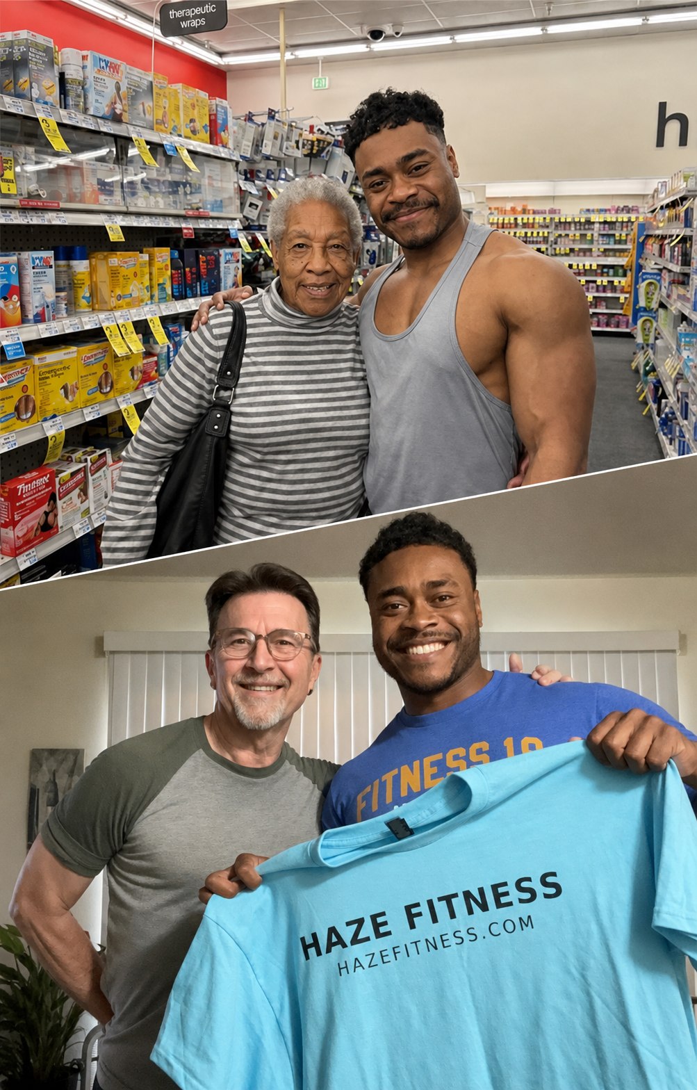 Two-photo collage of Zeke Hayes smiling with community members, including a man holding a Haze Fitness T-shirt