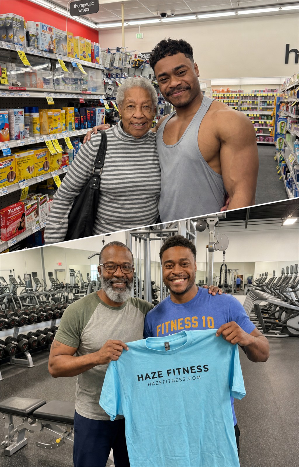 Two-photo collage of Zeke Hayes smiling with community members at a pharmacy and at a gym while holding a Haze Fitness T-shirt